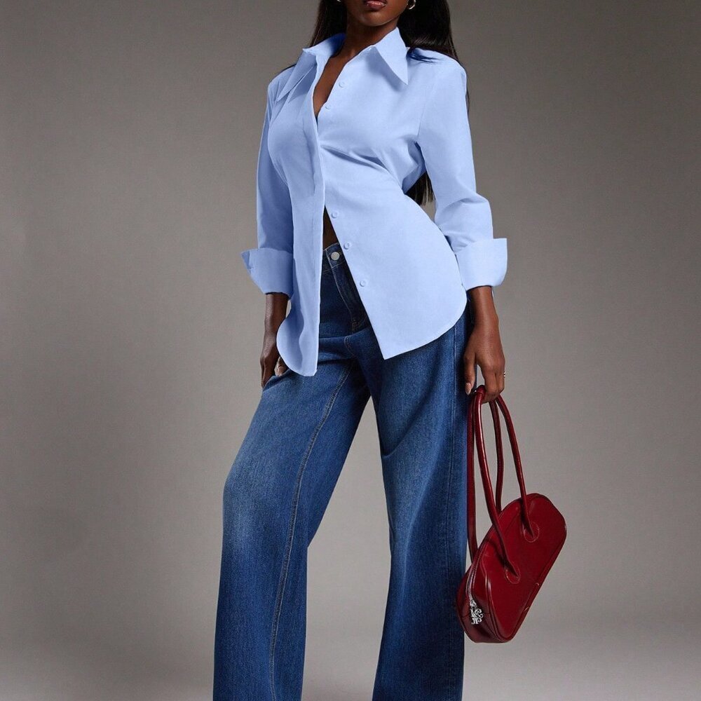 Blue Casual Women's Long Sleeve Button Up Top - Picture 4 of 7